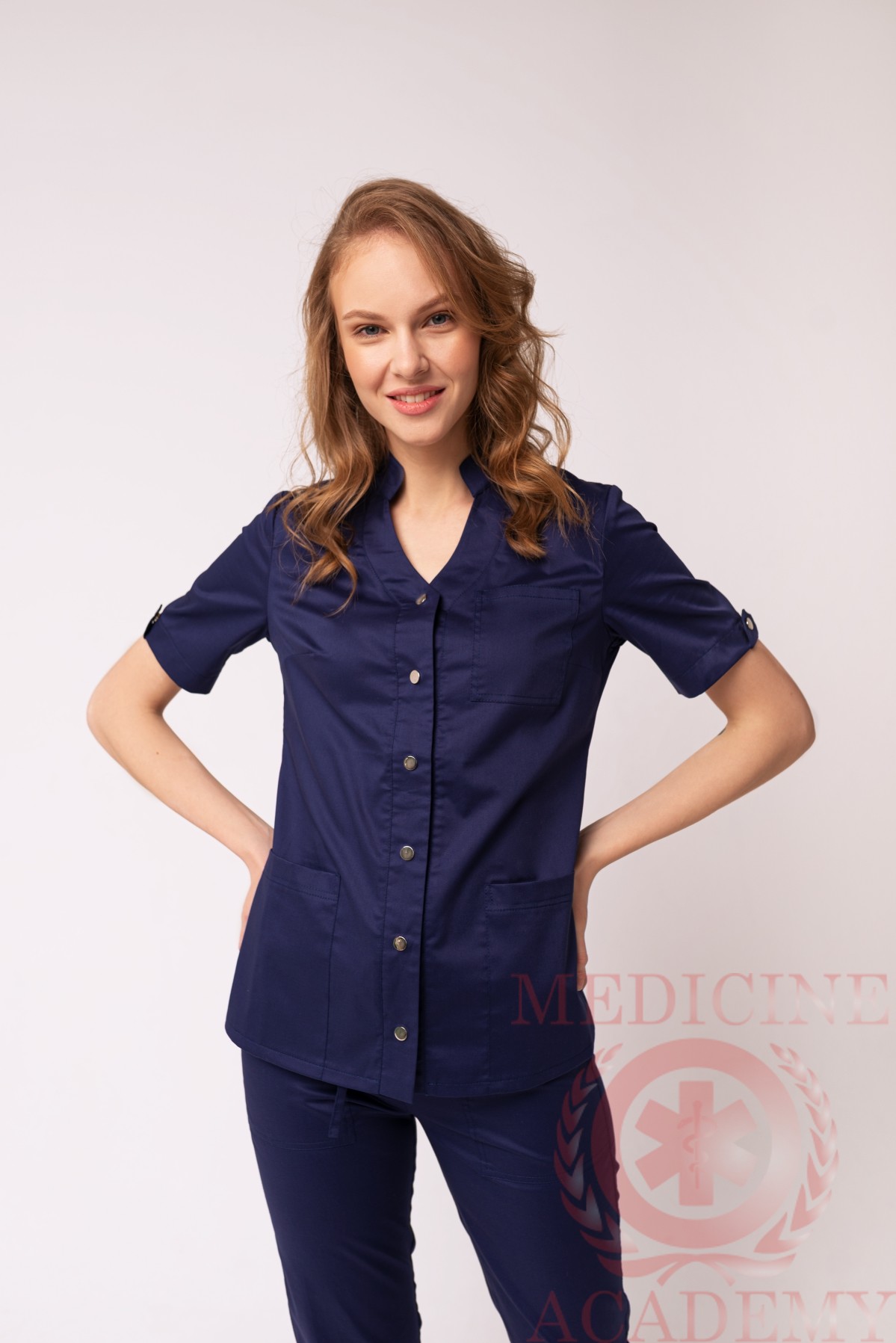 Блуза со стойкой синяя пф018к